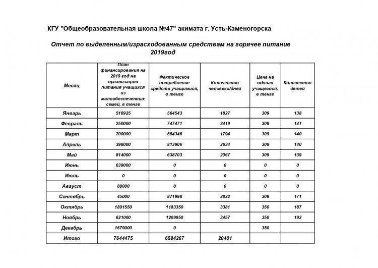 Отчет по выделенным / израсходованным средствам на горячее питание 2019год